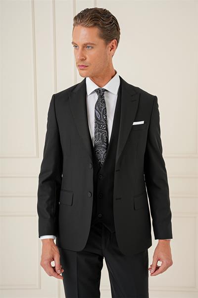 Slim Fit Kırlangıç Yaka Çift Yırtmaçlı Yelekli Klasik Siyah Takım Elbise Tk 895