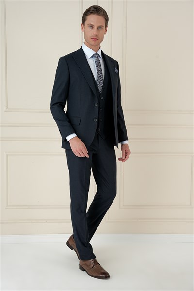 Slim Fit Kırlangıç Yaka Doku Desenli Lacivert Yelekli Takım Elbise TK 911