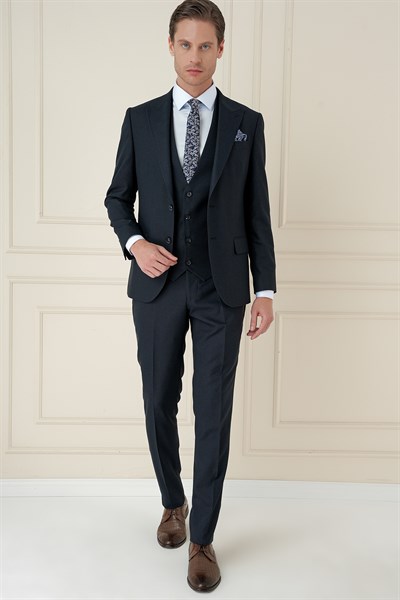 Slim Fit Kırlangıç Yaka Doku Desenli Lacivert Yelekli Takım Elbise TK 911