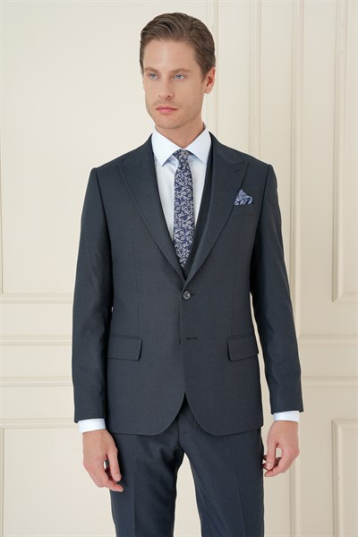 Slim Fit Kırlangıç Yaka Doku Desenli Lacivert Yelekli Takım Elbise TK 911