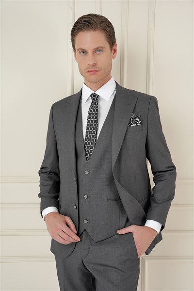 Slim Fit Kırlangıç Yaka Dokulu Füme Yelekli Takım Elbise TK 907