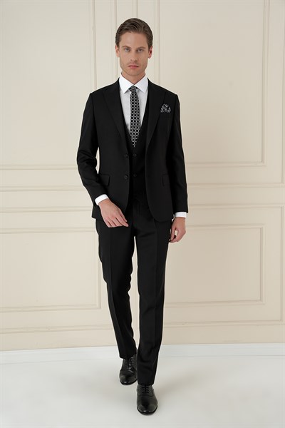 Slim Fit Kırlangıç Yaka Dokulu Siyah Yelekli Takım Elbise TK 907