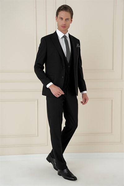 Slim Fit Kırlangıç Yaka Dokulu Siyah Yelekli Takım Elbise TK 907
