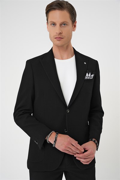Slim Fit Kırlangıç Yaka Torba Cep Çift Yırtmaç Esnek Pamuklu Siyah Ceket C 700
