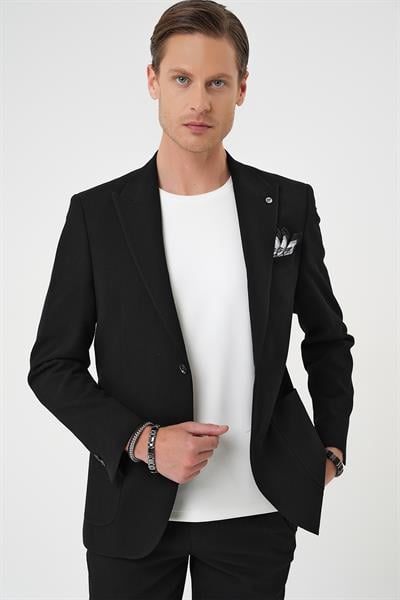 Slim Fit Kırlangıç Yaka Torba Cep Çift Yırtmaç Casual Siyah Ceket C 700