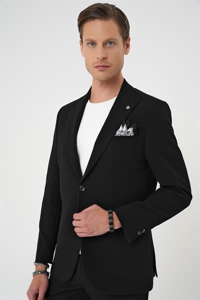 Slim Fit Kırlangıç Yaka Torba Cep Çift Yırtmaç Casual Siyah Ceket C 700