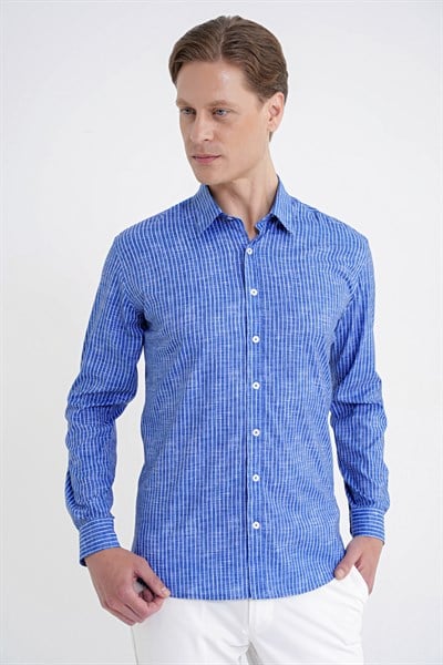 Slim Fit Klapa Yaka Esnek Pamuklu Koyu Mavi Çizgili Gömlek G 1599