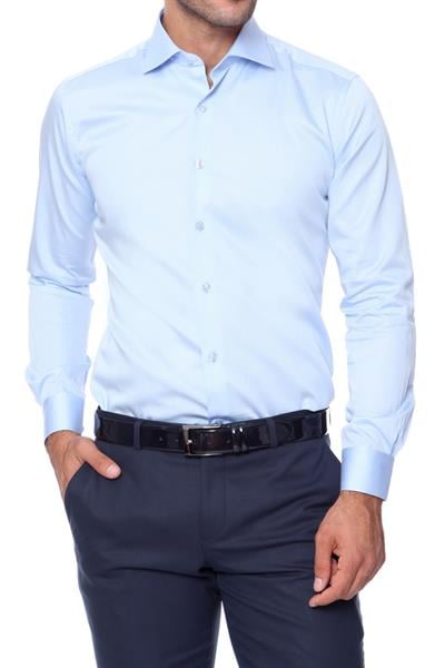 Slim Fit Klasik Yaka Pamuk Saten Uzun Kol Açık Mavi Gömlek  Gk 214