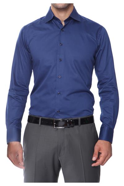 Slim Fit Klasik Yaka Pamuk Saten Uzun Kol Lacivert Gömlek  Gk 214