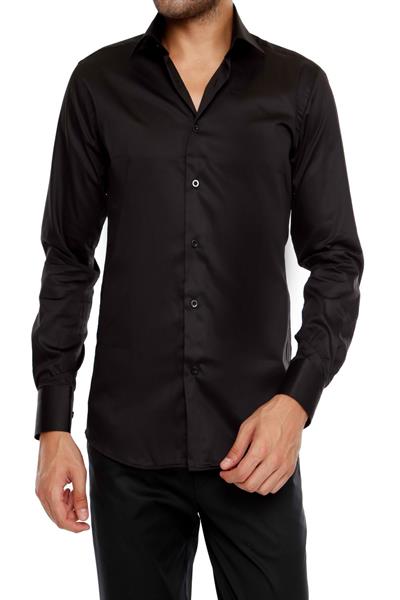 Slim Fit Klasik Yaka Pamuk Saten Uzun Kol Siyah Gömlek  Gk 214