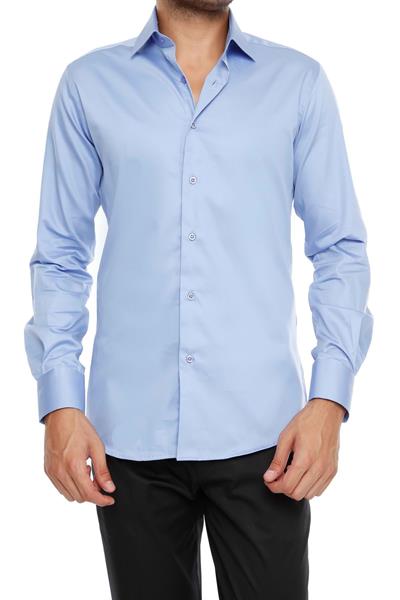 Slim Fit Klasik Yaka Pamuk Saten Uzun Kol Mavi Gömlek  Gk 214