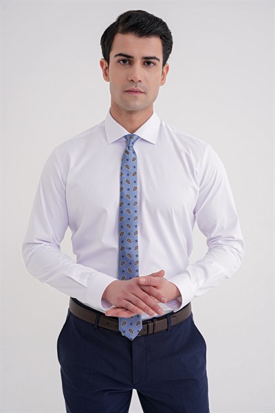 Slim Fit Kravat Yaka Esnek Pamuklu Beyaz Gömlek GK 753