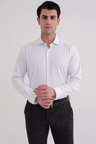 Slim Fit Kravat Yaka Esnek Pamuklu Beyaz Gömlek GK 752