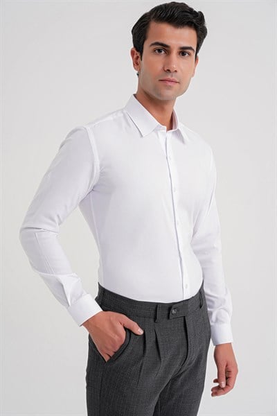 Slim Fit Kravat Yaka Esnek Pamuklu Beyaz Gömlek GK 737