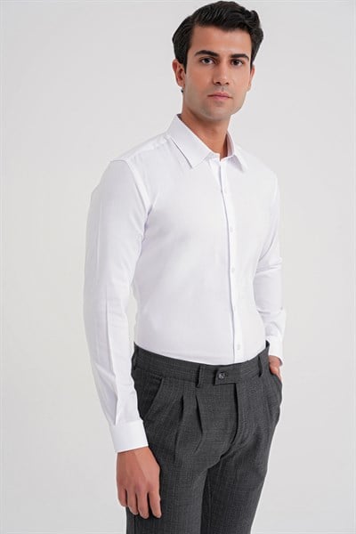 Slim Fit Kravat Yaka Esnek Pamuklu Beyaz Gömlek GK 737