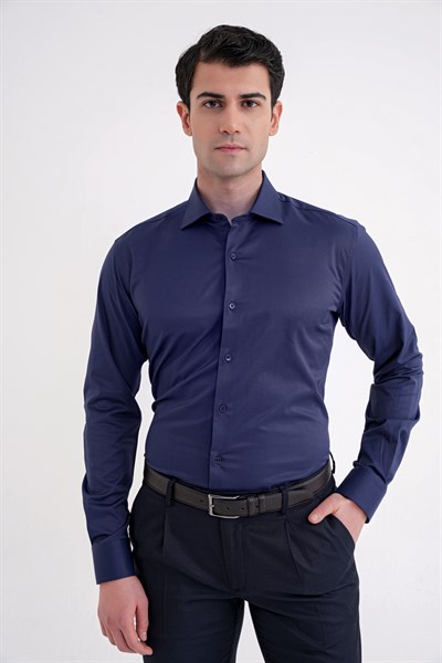 Slim Fit Kravat Yaka Esnek Pamuklu Lacivert Gömlek GK 752