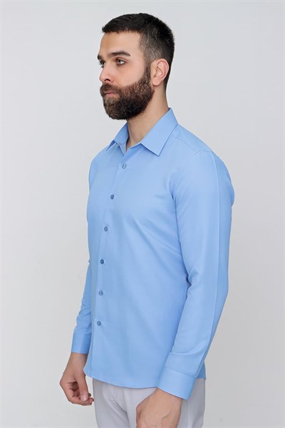 Slim Fit Kravat Yaka Pamuk Saten Uzun Kollu Koyu Mavi Gömlek Gk 624