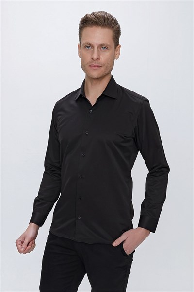 Slim Fit Kravat Yaka Pamuk Saten Uzun Kollu Siyah Gömlek Gk 624