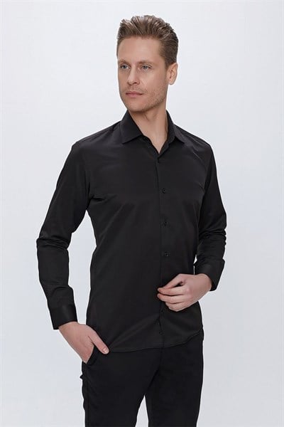 Slim Fit Kravat Yaka Pamuk Saten Uzun Kollu Siyah Gömlek Gk 624