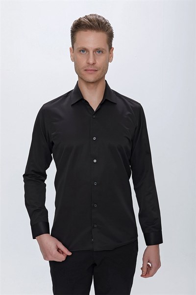 Slim Fit Kravat Yaka Pamuk Saten Uzun Kollu Siyah Gömlek Gk 624