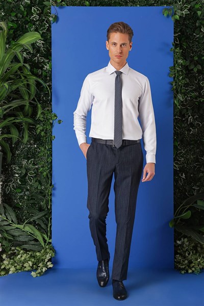 Slim Fit Kravat Yaka Pamuklu Dokulu Mavi Gömlek GK 719