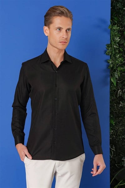 Slim Fit Kravat Yaka Pamuklu Dokulu Siyah Gömlek GK 719