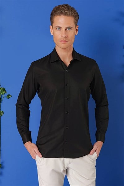 Slim Fit Kravat Yaka Pamuklu Dokulu Siyah Gömlek GK 719