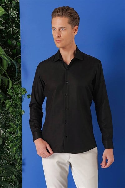 Slim Fit Kravat Yaka Pamuklu Dokulu Siyah Gömlek GK 719