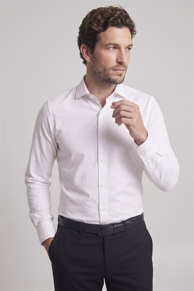 Slim Fit Kravat Yaka Pamuklu Düz Beyaz Gömlek GK 761