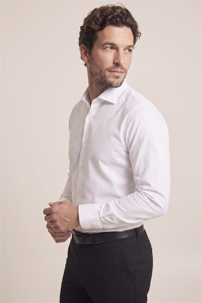 Slim Fit Kravat Yaka Pamuklu Düz Beyaz Gömlek GK 761