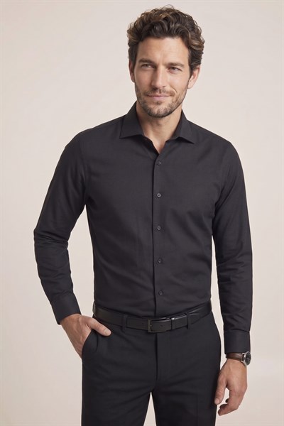 Slim Fit Kravat Yaka Pamuklu Düz Siyah Gömlek GK 761