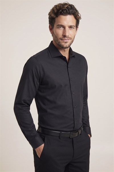 Slim Fit Kravat Yaka Pamuklu Düz Siyah Gömlek GK 761
