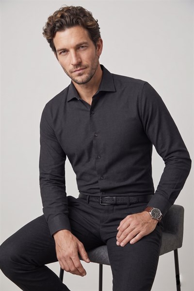Slim Fit Kravat Yaka Pamuklu Düz Siyah Gömlek GK 761
