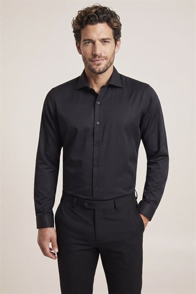 Slim Fit Kravat Yaka Pamuklu Düz Siyah Gömlek GK 761