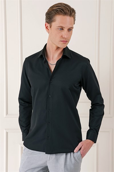 Slim Fit Kravat Yaka Pamuklu Düz Siyah Gömlek GK 718