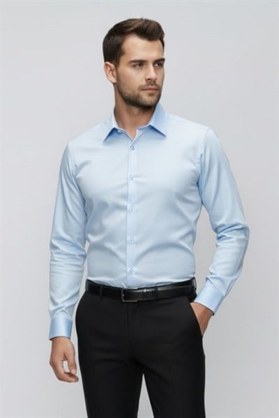 Slim Fit Kravat Yaka Pamuklu Uzun Kollu Açık Mavi Gömlek GK 649