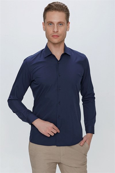 Slim Fit Kravat Yaka Pamuklu Uzun Kollu Lacivert Gömlek GK 649