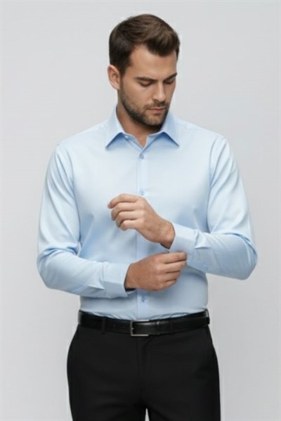 Slim Fit Kravat Yaka Pamuklu Uzun Kollu Açık Mavi Gömlek GK 649