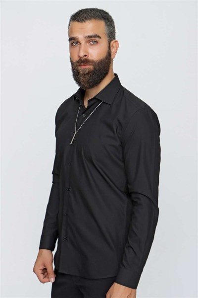 Slim Fit Kravat Yaka Pamuklu Uzun Kollu Siyah Gömlek GK 649