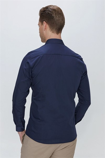 Slim Fit Kravat Yaka Pamuklu Uzun Kollu Lacivert Gömlek GK 649