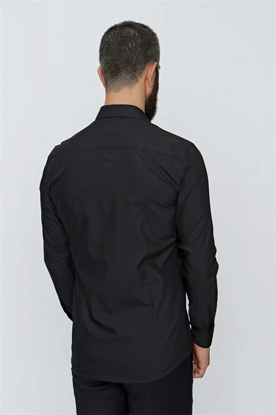 Slim Fit Kravat Yaka Pamuklu Uzun Kollu Siyah Gömlek GK 649