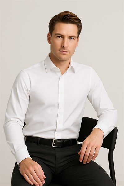 Slim Fit Kravat Yaka Pamuklu Uzun Kollu Beyaz Gömlek GK 649