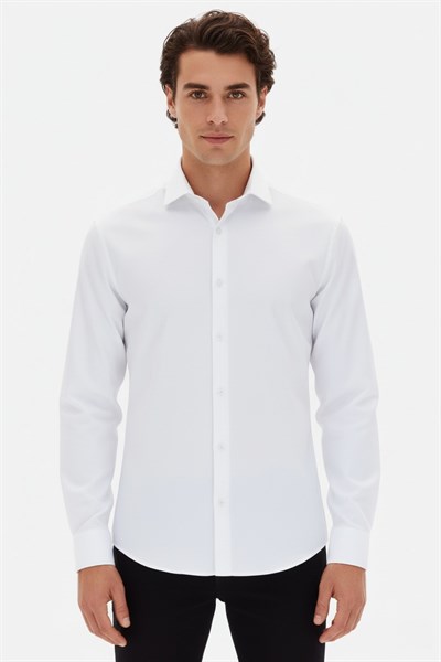 Slim Fit Kravat Yaka Uzun Kol Pamuklu Beyaz Gömlek GK 2025