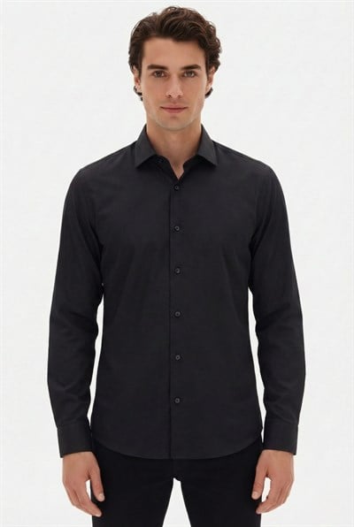 Slim Fit Kravat Yaka Uzun Kol Pamuklu Siyah Gömlek GK 2025
