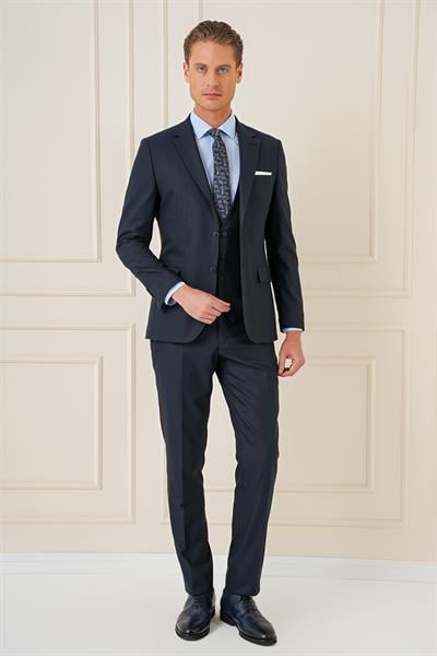 Slim Fit Çift Yıtmaç Lacivert Klasik Yelekli Takım Elbise TK 896
