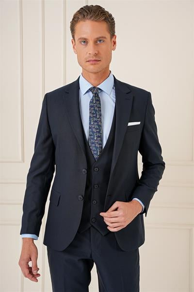 Slim Fit Çift Yıtmaç Lacivert Klasik Yelekli Takım Elbise TK 896