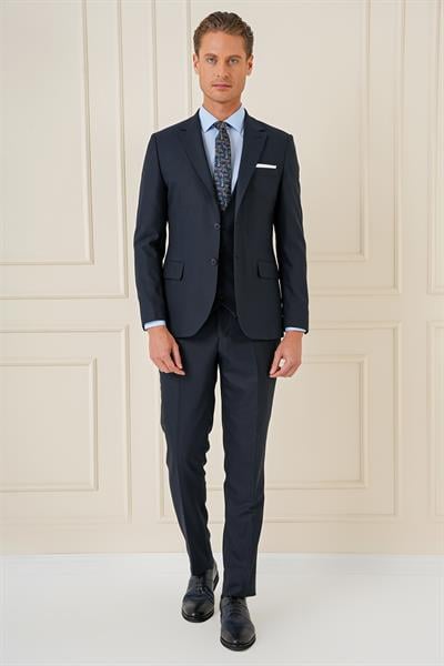 Slim Fit Çift Yıtmaç Lacivert Klasik Yelekli Takım Elbise TK 896