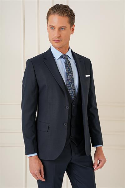 Slim Fit Çift Yıtmaç Lacivert Klasik Yelekli Takım Elbise TK 896