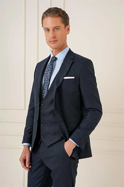 Slim Fit Çift Yıtmaç Lacivert Klasik Yelekli Takım Elbise TK 896