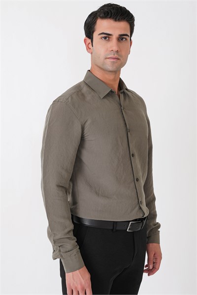 Slim Fit Modal Kumaş Çizgili Dokuma Haki Gömlek G 1609